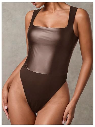 Women's PU Leather Bodysuit Tank Tops Square Neck Sleeveless Slim Fit Leotard Top