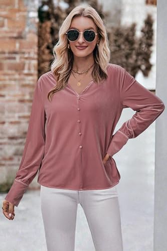 Women's Velvet Smocked Dressy Casual Fall Outfits Long Sleeve Button Down Shirts Business Work Tops Trendy