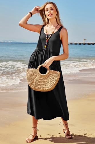 Women's 2024 Summer Sundresses Casual Beach Vacation Outfits Long Flowy Sleeveless Tank Maxi Dress with Pockets