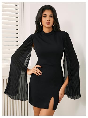 Women's Mock Neck Pleated Cloak Long Sleeve Split Hem Cocktail Bodycon Cape Dress