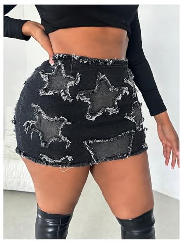 Women's Plus Size Y2k Star Patch High Waist Denim Skirt Distressed Bodycon Mini Skirts
