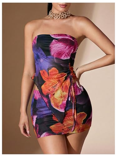 Women's 2 Piece Outfits Floral Print Drawstring Asymmetrical Tube Top and Bodycon Mini Skirt Set