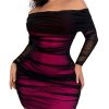 Women's Plus Size Off Shoulder Ruched Bodycon Dress Long Sleeve Mesh Mini Pencil Dresses