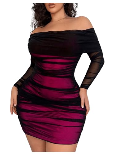 Women's Plus Size Off Shoulder Ruched Bodycon Dress Long Sleeve Mesh Mini Pencil Dresses