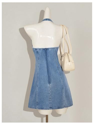 Women's Bow Halter Mini Jean Dress Lace Trim Sleeveless Backless Denim Dresses