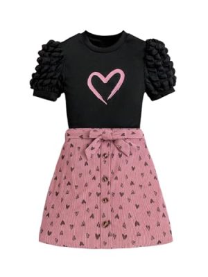 Girl's 2 Pieces Outfits Heart Print Puff Short Sleeve T Shirt and A Line Skirts Sets