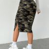 Women's Camo Print High Waist Skinny Midi Skirts Split Side Drawstring Waist Hip Skirt