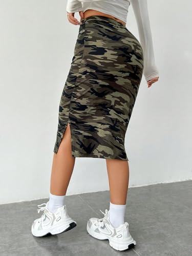 Women's Camo Print High Waist Skinny Midi Skirts Split Side Drawstring Waist Hip Skirt