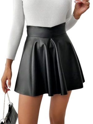 Women's Faux PU Leather Skirt High Waisted A Line Skater Mini Skirts