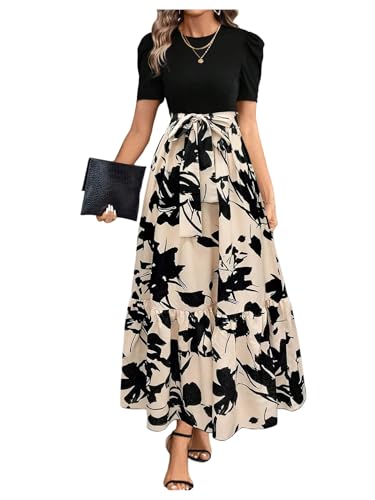 Women's Floral Print Color Block Maxi Dress Puff Sleeve Belted A Line Dresses