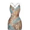 Women's Plus Size Leopard Print Draped Cowl Neck Cami Dress Criss Cross Backless Mini Dresses
