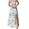 Women's Floral Print Ruched Square Neck Maxi Dress Tie Back High Slit Flared Dresses