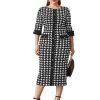 Women's Plus Size Houndstooth Button Front Round Neck Split Hem Bodycon Dress