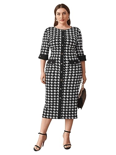 Women's Plus Size Houndstooth Button Front Round Neck Split Hem Bodycon Dress