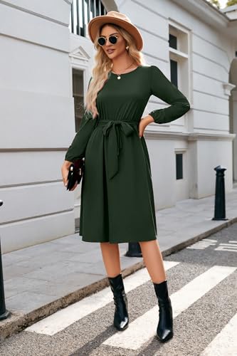 Womens Long Sleeve Casual Dresses 2025 Business Work Teacher Fall Church Belted A Line Flowy Midi Dress