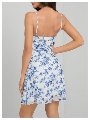Women's Floral Ruched Cami Dress Boho Spaghetti Strap A Line Short Dresses