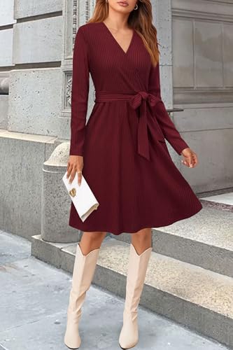 Womens 2025 Fall Dresses Teacher Church Business Casual Work Outfits Knit Midi Sweater Pockets Belt Dress