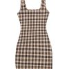 Women's Plaid Sleeveless Bodycon Mini Dress Square Neck Pencil Tank Dress