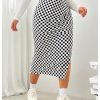 Women's Plus Size Checkered Split Thigh Midi Skirt Ruched High Waisted Bodycon Skirts