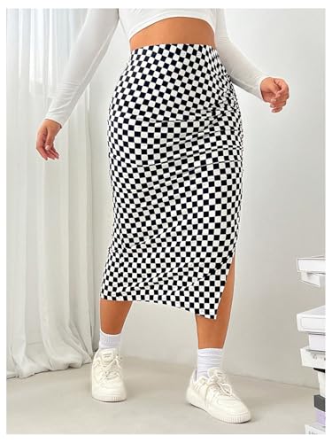 Women's Plus Size Checkered Split Thigh Midi Skirt Ruched High Waisted Bodycon Skirts