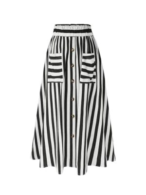 Women's Plus Size Striped High Waist Button Decor Flare A Line Maxi Skirt with Pockets
