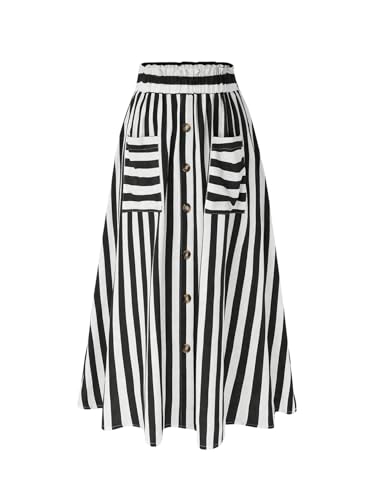 Women's Plus Size Striped High Waist Button Decor Flare A Line Maxi Skirt with Pockets