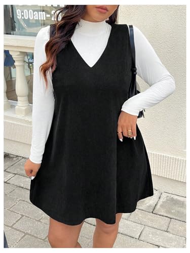Women's Plus Size Corduroy V Neck Tank Overall Dress Sleeveless Loose Casual Short Dress