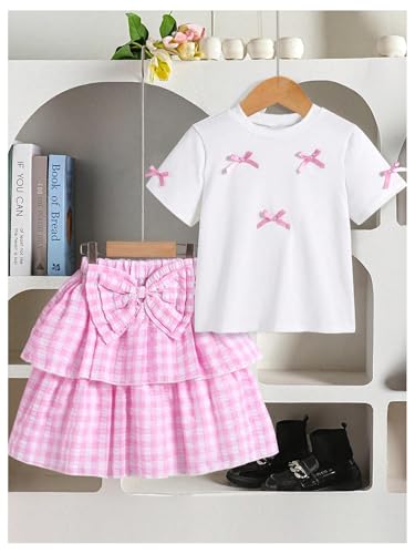 Girl's 2 Piece Bow Outfits Cute Short Sleeve T Shirts and Layered Ruffle Plaid Skirt Set