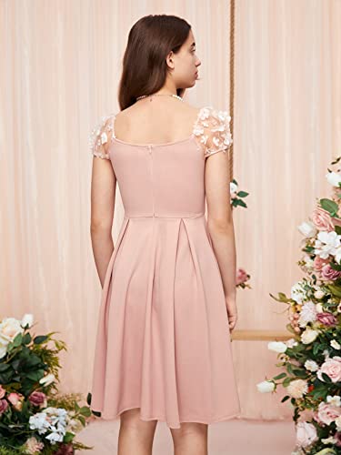 Girl's Appliques Mesh Puff Sleeve Square Neck Ruffle Hem Dress