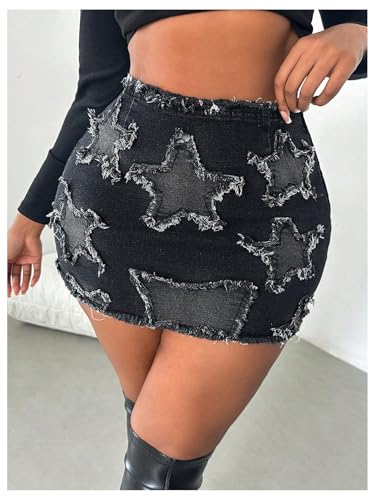 Women's Plus Size Y2k Star Patch High Waist Denim Skirt Distressed Bodycon Mini Skirts