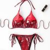 Women's 3 Piece Metallic Swimsuits Halter Triangle String Bikini Set with Beach Skirt