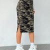 Women's Camo Print High Waist Skinny Midi Skirts Split Side Drawstring Waist Hip Skirt