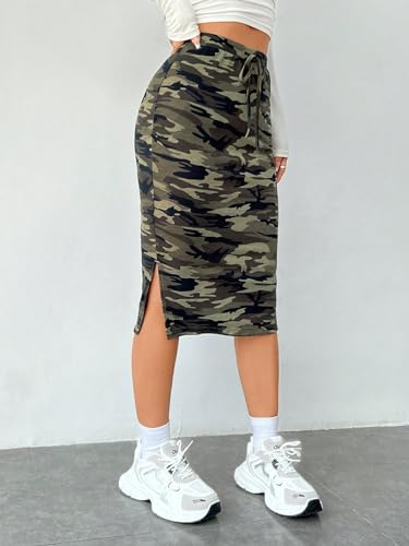 Women's Camo Print High Waist Skinny Midi Skirts Split Side Drawstring Waist Hip Skirt