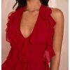 Women's Sexy Mesh Deep V Neck Ruffle Trim Halter Mini Dress 3D Flower Decor Sleeveless Cocktail Dress