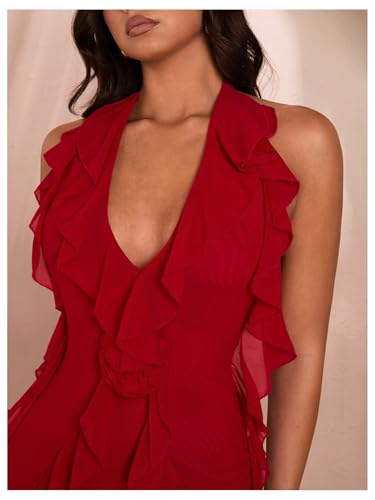 Women's Sexy Mesh Deep V Neck Ruffle Trim Halter Mini Dress 3D Flower Decor Sleeveless Cocktail Dress