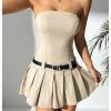 Women's Petite Strapless Belted Tube Dress Sleeveless Pleated A Line Mini Dresses