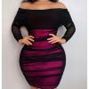 Women's Plus Size Off Shoulder Ruched Bodycon Dress Long Sleeve Mesh Mini Pencil Dresses