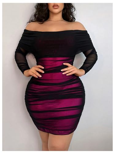 Women's Plus Size Off Shoulder Ruched Bodycon Dress Long Sleeve Mesh Mini Pencil Dresses