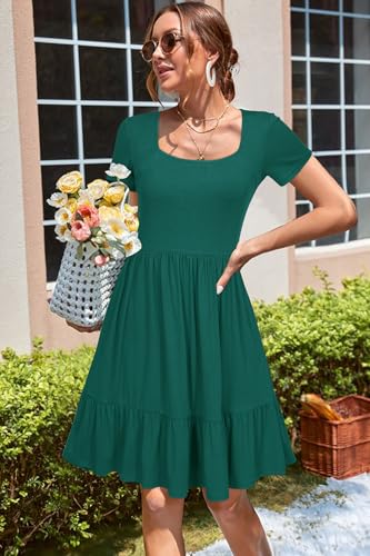 Women 2025 Summer Dress Square Neck Formal Short Sleeve Business Casual Outfits Ruffle Spring Pockets Sundress