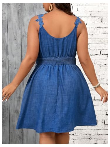 Women's Plus Size Lace Appliques A Line Short Sundress Smocked V Neck Sleeveless Tank Dress