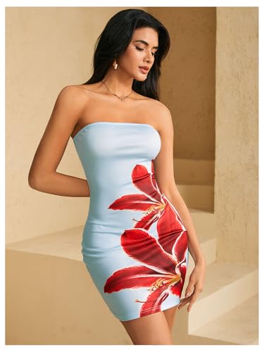 Women's Floral Print Mini Tube Dress Summer Strapless Sleeveless Bodycon Dresses