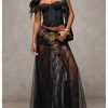 Women's Sexy See Through Sheer Lace Maxi Skirt Low Waist Ruffle Hem A Line Flowy Skirt