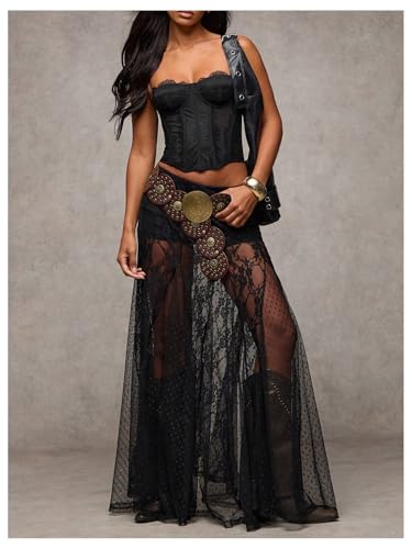 Women's Sexy See Through Sheer Lace Maxi Skirt Low Waist Ruffle Hem A Line Flowy Skirt