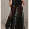 Women's Sexy See Through Sheer Lace Maxi Skirt Low Waist Ruffle Hem A Line Flowy Skirt