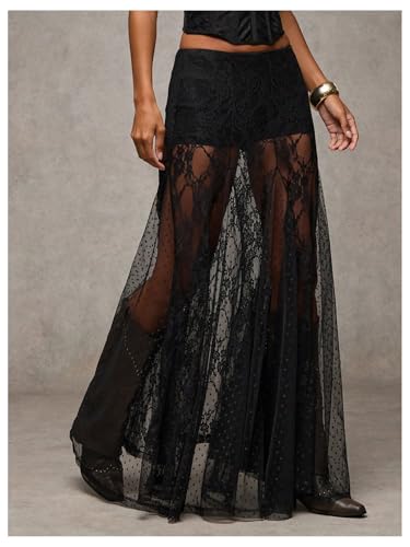 Women's Sexy See Through Sheer Lace Maxi Skirt Low Waist Ruffle Hem A Line Flowy Skirt