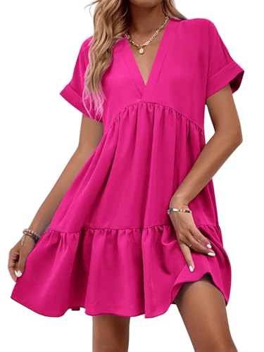 Women's Roll Up Short Sleeve V Neck Ruffle Hem Solid Swing Smock Dress