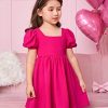Toddler Girl's Square Neck Short Puff Sleeve A Line Flared Tie Back Cute Mini Dress