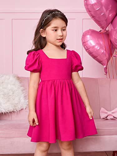 Toddler Girl's Square Neck Short Puff Sleeve A Line Flared Tie Back Cute Mini Dress