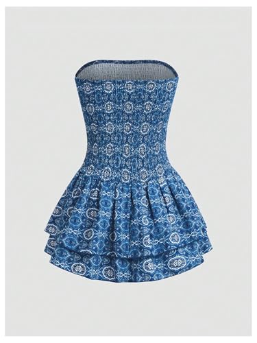 Women's Boho Print Strapless Mini Dress Smocked Ruffle Tiered A Line Tube Dress