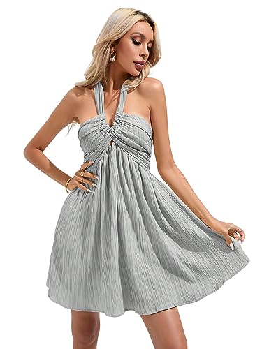 Women's Halter Tie Backless Smocked A Line Flowy Summer Vacation Mini Dress